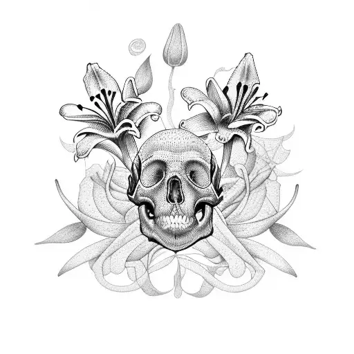 A Unique Composition Featuring Lilies And A Frog On A Skull In A Dotwork Style