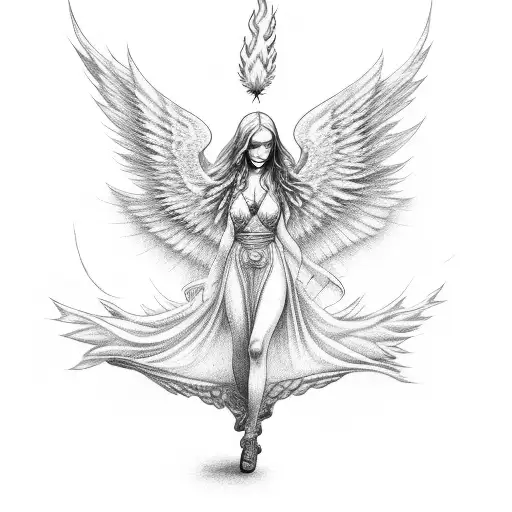 Female Angel Floating With Flaming Wings