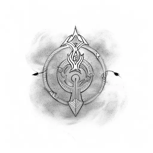 A Minimalist Tattoo Of A Trishul And Om Symbol Combined With Engineering Elements