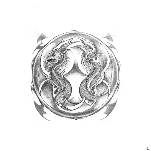A Small Design For A Tatto Mixing The Ying-yang Symbol And Dragon