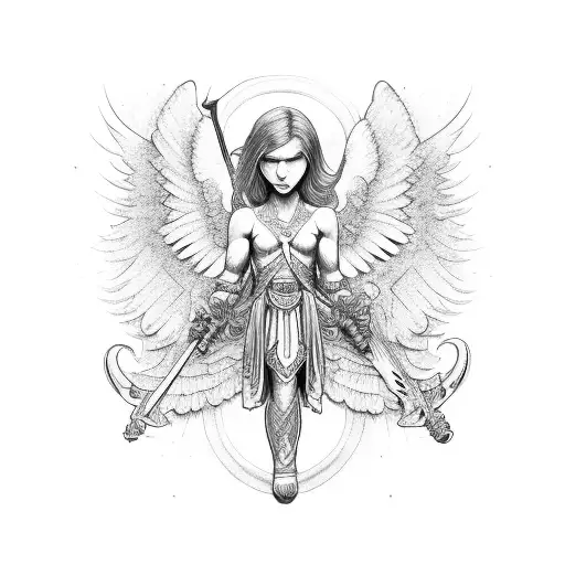 A Tattoo With A White Background And An Angelic Man With Open Wings And A Sword In His Hand