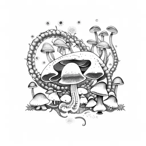 Circular Ouroboros Surrounded By Mushrooms Flowers Vines Bee