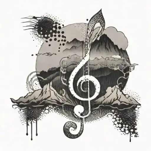 An Intricate Dotwork Tattoo Of A Music Note Intertwined With A Mountain Range