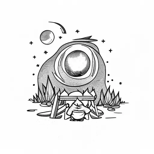 A Boy Sitting Next To A Campfire With A Moon In The Background