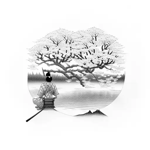 Samurai Sleeping Next To Cherry Blossom Tree At A Lake