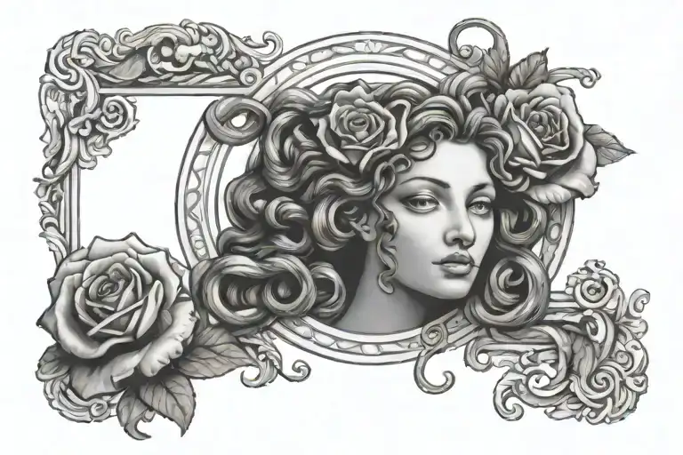 Medusa Head Inside An Antique Frame With Snakes And Roses As A Backdrop