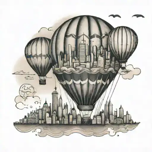A Whimsical Hot Air Balloon Floating Over A City Skyline With Travel Quotes Incorporated