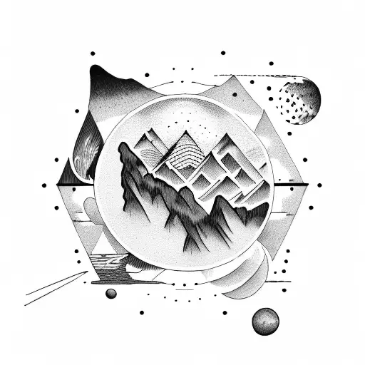 A Dotwork Tattoo Of A Mountain Range With Planets And Stars In The Sky