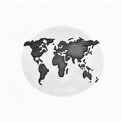 A Dotwork Tattoo Of A World Map With Crossed Hunting Rifles Marking Favorite Travel Destinations