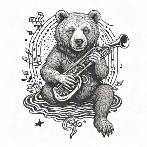 A Bear Sitting On A Riverbank Playing A Trumpet Surrounded By Musical Notes