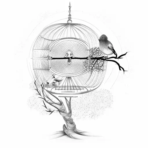 Tree Branch With Bird Cage And A Hand Covering The Birdcage