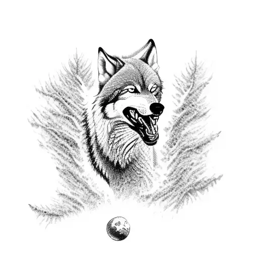 An Intricately Detailed Dotwork Tattoo Of A Wolf Gracefully Leaping Through The Trees