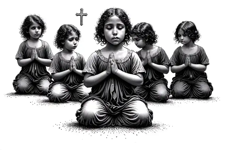 Children Kneeling In Prayer To Cross