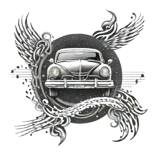 A Symmetrical Design Featuring A Car Speeding Towards A Finish Line Made Of Musical Notes