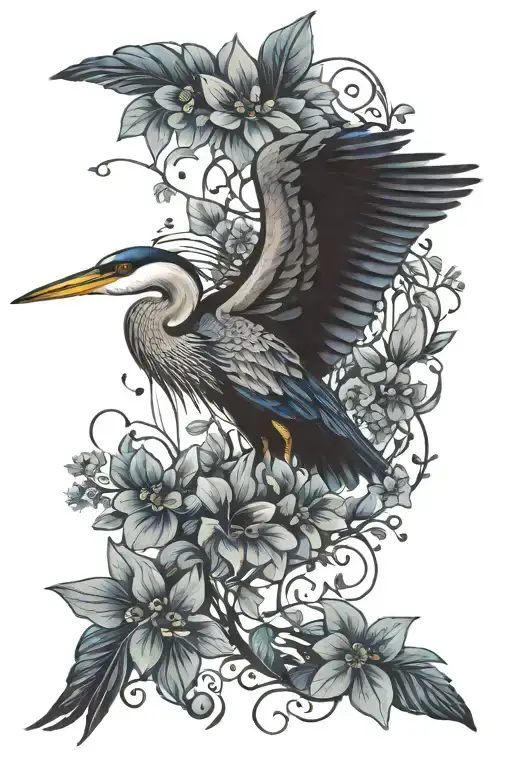 Blueberry Vine Surrounding Blue Heron With Decorative Flowers