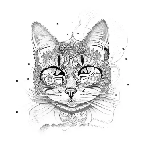 Create An Intricate Tattoo Showcasing A Cat Surrounded By Various Tools Used In A Dark Room