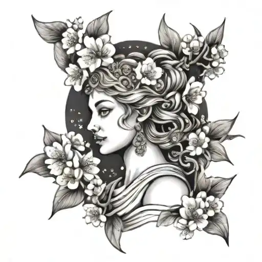 A Stylized Greek Goddess Of Nature Surrounded By Japanese Cherry Blossom Trees