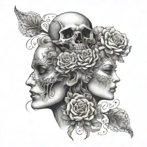 Janus Head Profile Skull And Lady