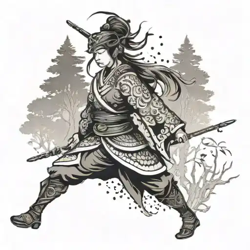 A Female Japanese Warrior Walking Through A Forest