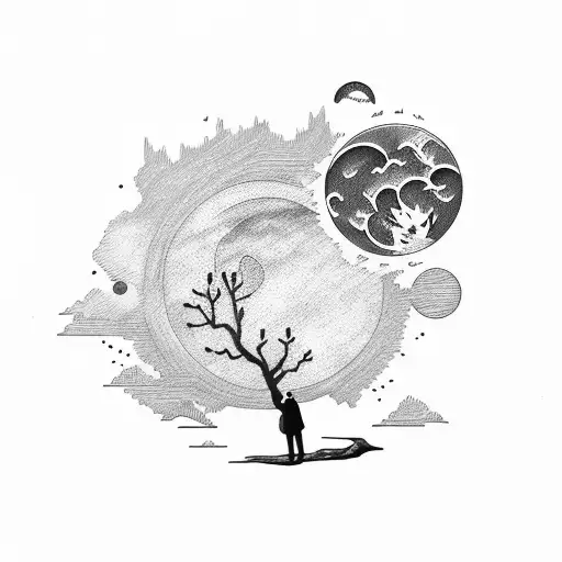 Rose On A Tree In The Middle Of Mountains With Sun And Moon