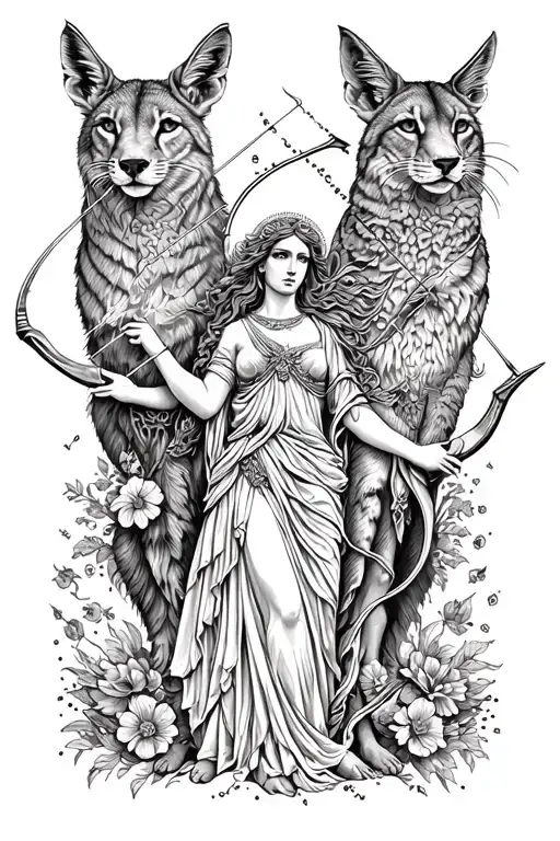 Greek Goddess With Bow And Arrow Along With Protective Animals