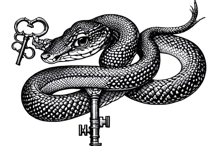 Snake And Key Line Tattoo With Shading And Line Work