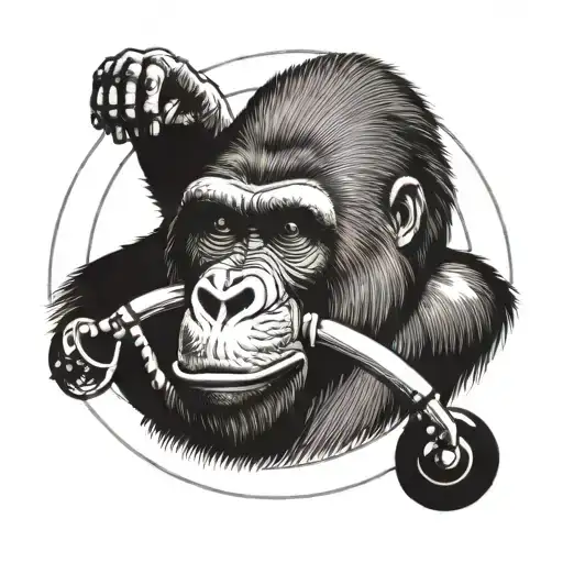 A Dotwork Tattoo Of A Gorilla Holding A Steering Wheel In A Driver's Pose