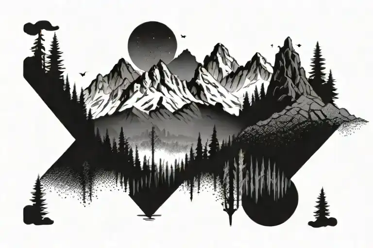 An Abstract Representation Of The Dolomites Incorporating Elements Of Nature Like Trees And Rivers