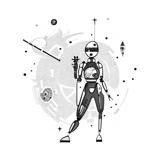 A Futuristic Engineer With Robotic Arms Playing A Guitar Surrounded By Stars