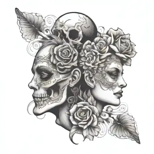 Janus Head Profile Skull And Lady