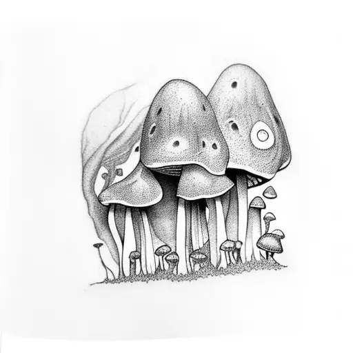 A Realistic Black And Grey Tattoo Of A Mushroom Forest With Insects Hidden Among The Foliage
