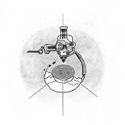 A Dotwork Tattoo Of A Scientific Microscope Surrounded By A Beautiful Sunset Landscape