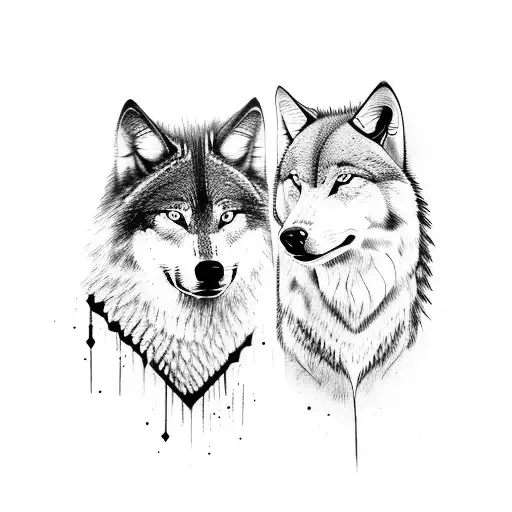 Two Half Wolf Faces One Angry One Calm And Sword In Between Faces
