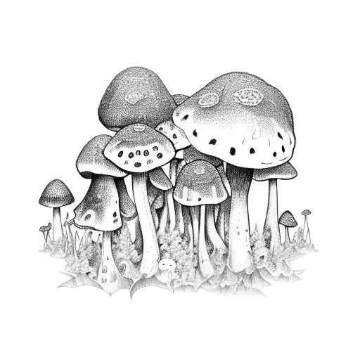 A Realistic Black And Grey Tattoo Of A Mushroom Forest With Insects Hidden Among The Foliage