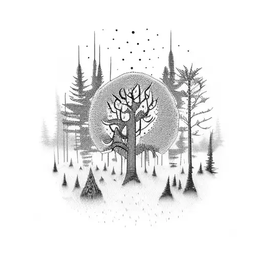 A Dotwork Tattoo Of A Serene Forest Landscape With A Subtle Memento Mori Symbol Hidden Within