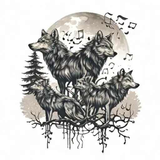 A Pack Of Wolves Howling At The Moon Surrounded By Musical Notes And Trees