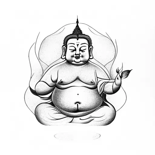 Fat Buddha With 2 Butterflies And A Phoenix Bird Surrounding It