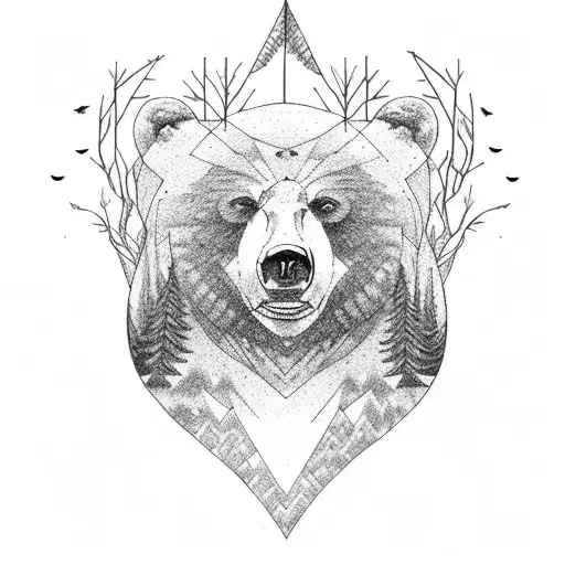 A Bear Made From Mountain And Forest With Birds Above