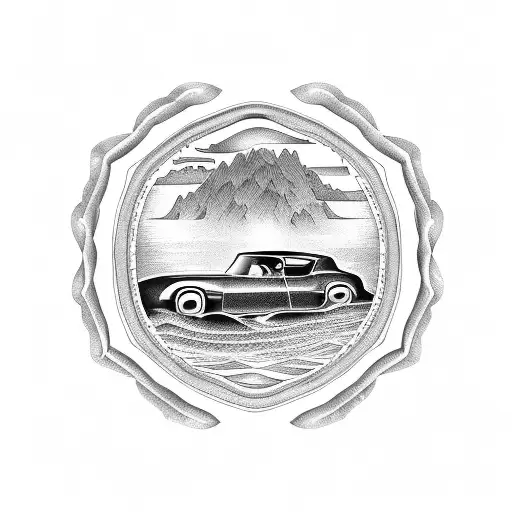 Create A Detailed Tattoo Of A Vintage Car Driving Through A Serene Sea Landscape