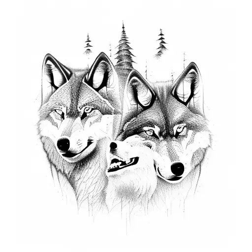 Pack Of 3 Wolfs In Dark Forest