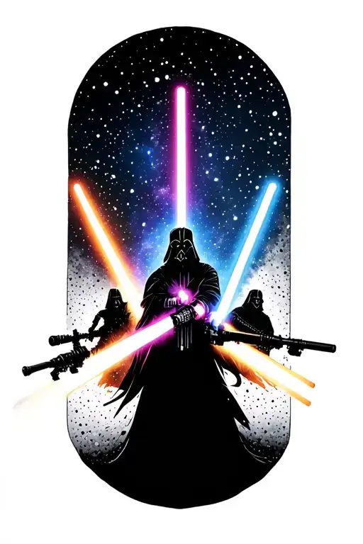 A Minimalist Design Featuring The Silhouettes Of The Different Lightsabers With A Galaxy Background