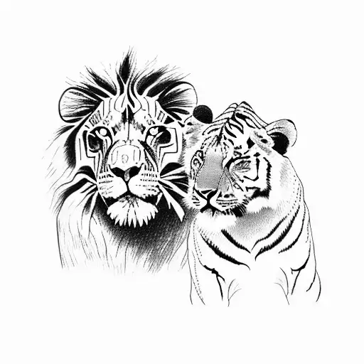 A Lion And A Tiger Facing Each Other In A Dotwork Style