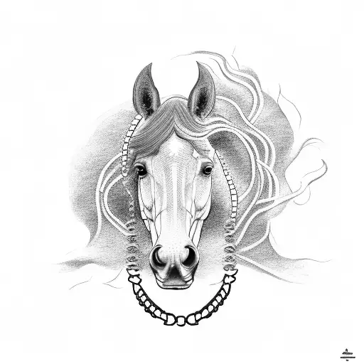 A Dotwork Tattoo Of A Horse Rearing Up On Its Hind Legs With Chains Swirling Around It