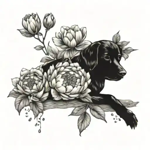 A Playful Tattoo Of A Dog Taking A Nap Under A Tree With Peony Flowers Blooming Around