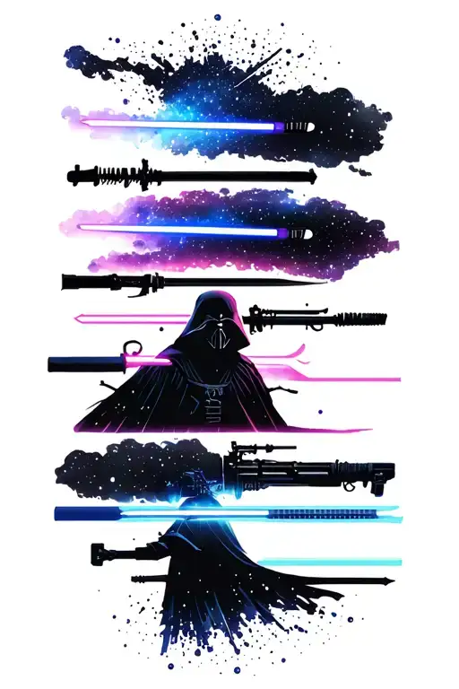 A Minimalist Design Featuring The Silhouettes Of The Different Lightsabers With A Galaxy Background