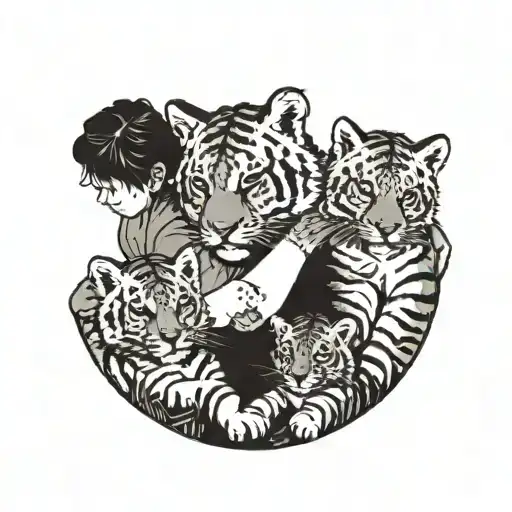 A Silhouette Of A Childcare Educator Playing With Tiger Cubs