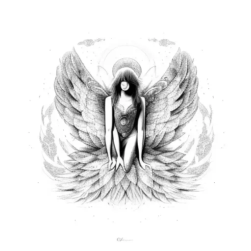 An Ethereal Design Showcasing An Angel Laying Down On A Bed Of Feathers And Celestial Objects