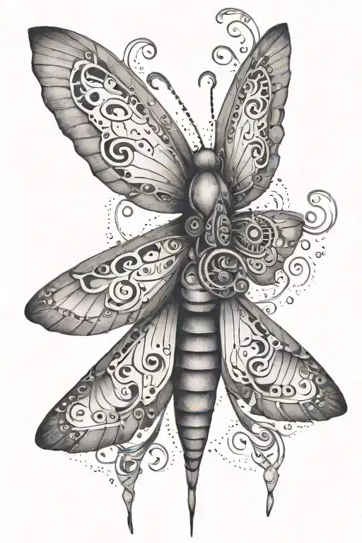 A Tattoo Design Of A Posideon Moth With Musical Notes And Symbols Intertwined In Its Wings