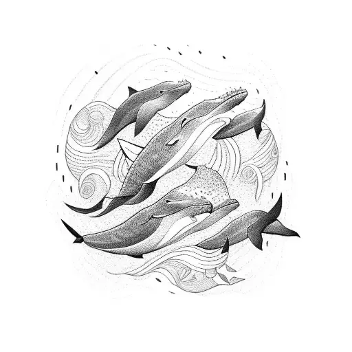 A Dotwork Tattoo Of A Family Of Whales Swimming In A Stylized Ocean