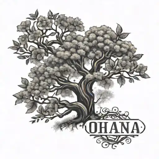 A Tattoo Design Featuring A Family Tree With The Word 'Ohana' Incorporated Into The Branches